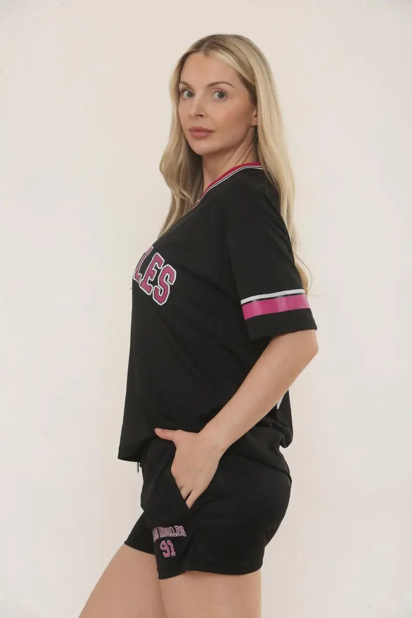 Kind Vibe Womens LA Varsity T-Shirt With Shorts Co-Ord Set - Navy