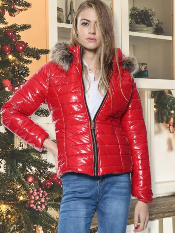 Kind Vibe Women's Wet Look Quilted Faux Fur Hooded Long Sleeve Padded Jacket - Red