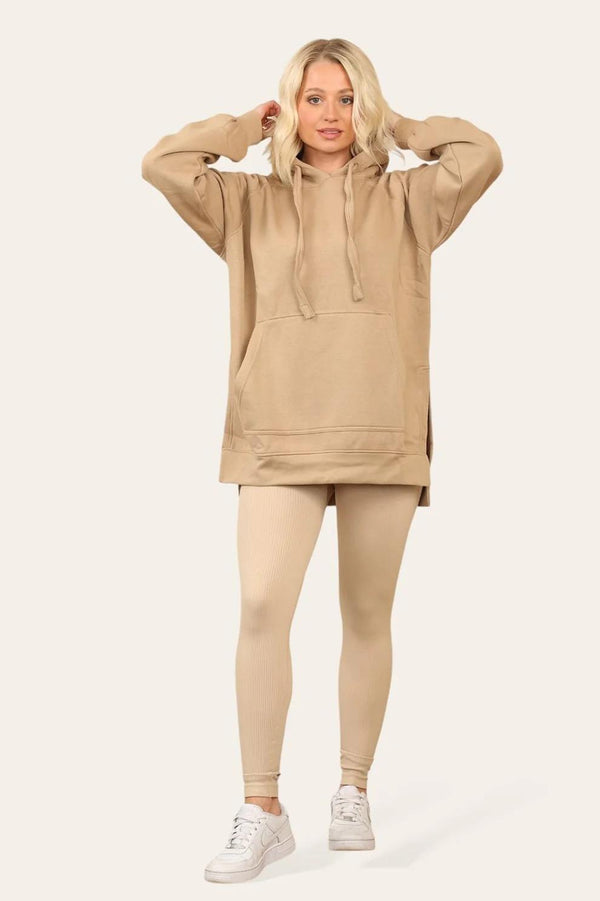 Kind Vibe Women's Side Split Front Pocket Over Size Hoodie - Camel