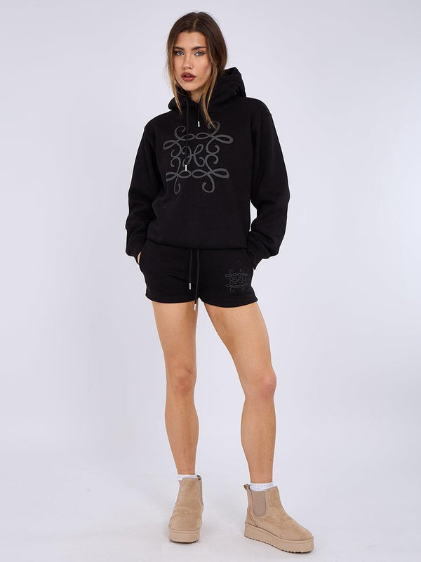 Kind vibe Women's Embroidered Hoodie & Shorts Fleece Co-ord Set - Black