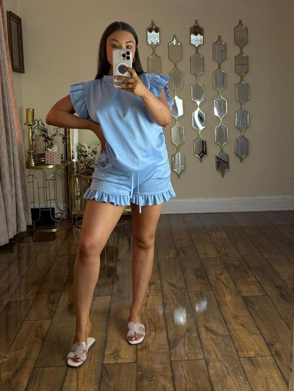 Kind Vibe Womens Frill Peplum Short Sleeve Top and Short Co Ord Set Comfort - Light Blue