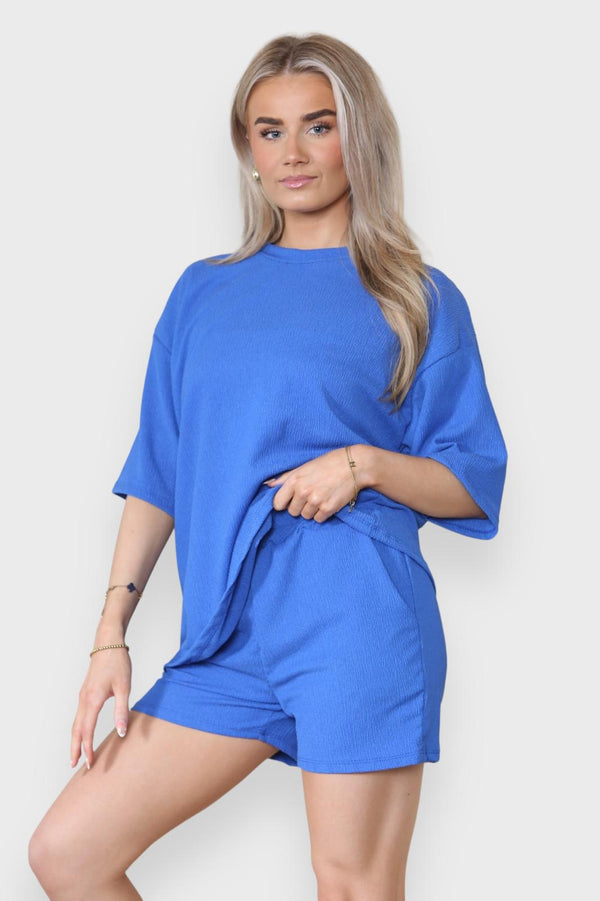 Kind Vibe Women’s 2pcs short sleeve textured cycling short pockets Co Ord set - Royal Blue
