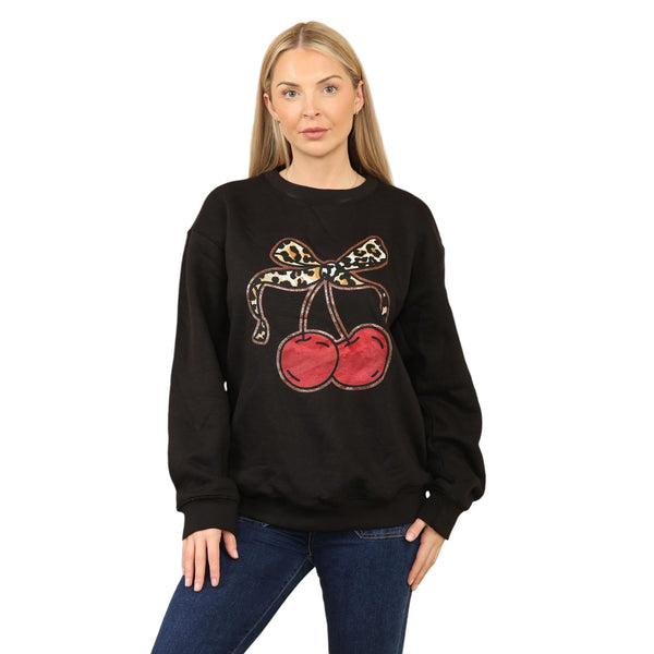 Kind Vibe Womens Leopard Bow Cheery Print Sweat Shirt Top