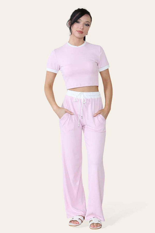 Kind Vibe Women's Ribbed Contrast Wide Leg Flared Trousers And Top Loungewear TRS Cropped Set - Baby Pink