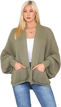Kind Vibe Women's Cropped Baloon Cardigan (Many colours One size 6-22) Knitwear - Khaki