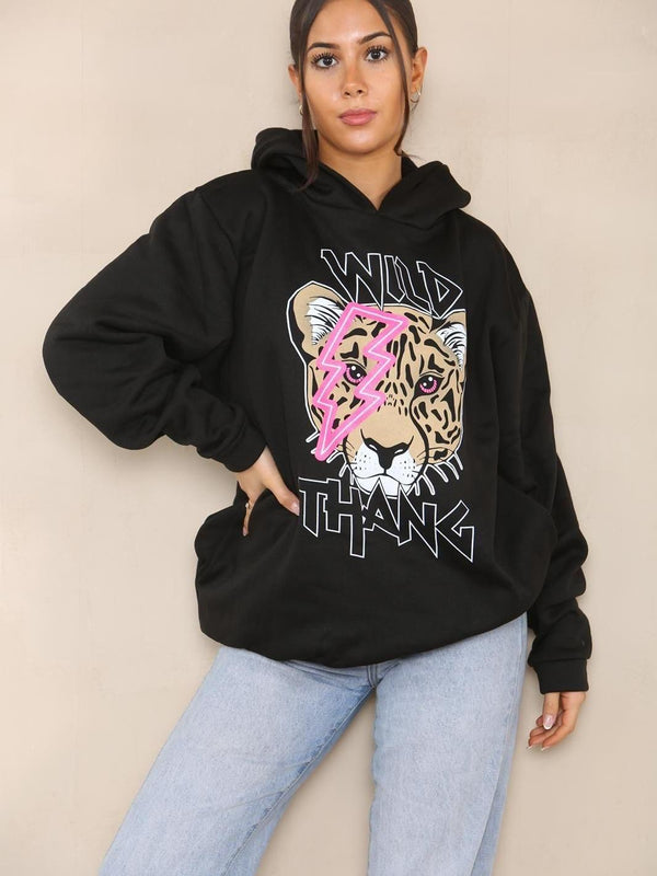 Kind Vibe Women's WILD THANG Hooded Sweatshirt Long Sleeve Pullover Jumper Hoodie Casual - Black