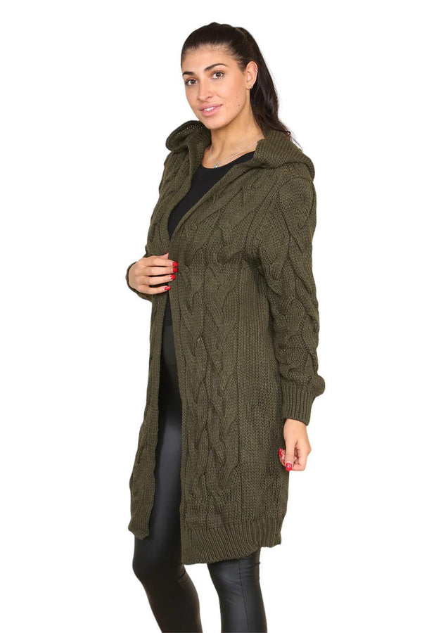 Kind Vibe Women's Knitted Cables Hooded Long Over Sized Cardigan One Size (6-20) - Khaki