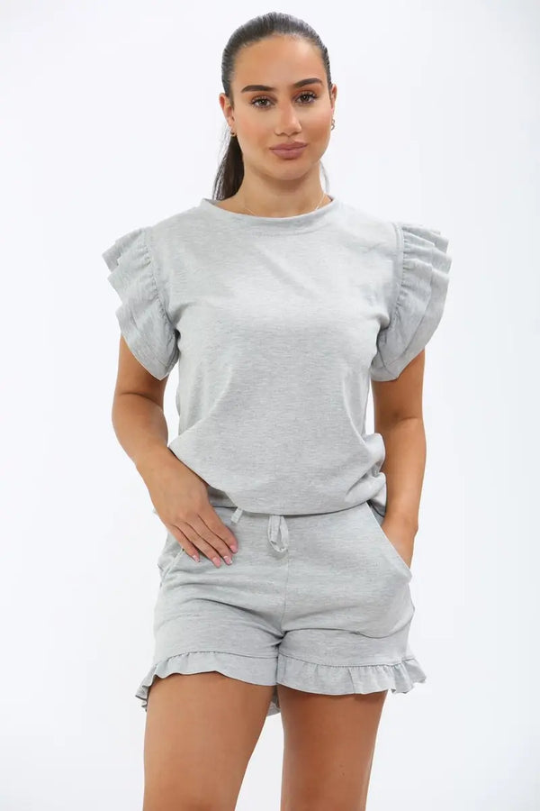 Kind Vibe Womens Frill Peplum Short Sleeve Top and Short Co Ord Set Comfort - Light Grey