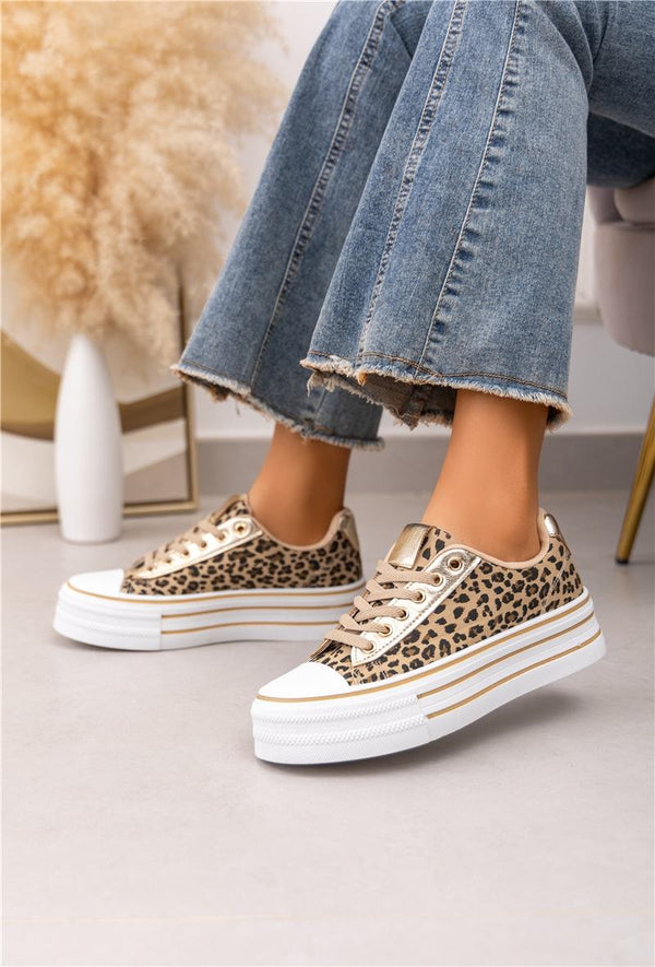 Kind Vibe Women's Ladies Faux Leather Platform Trainers - Leopard