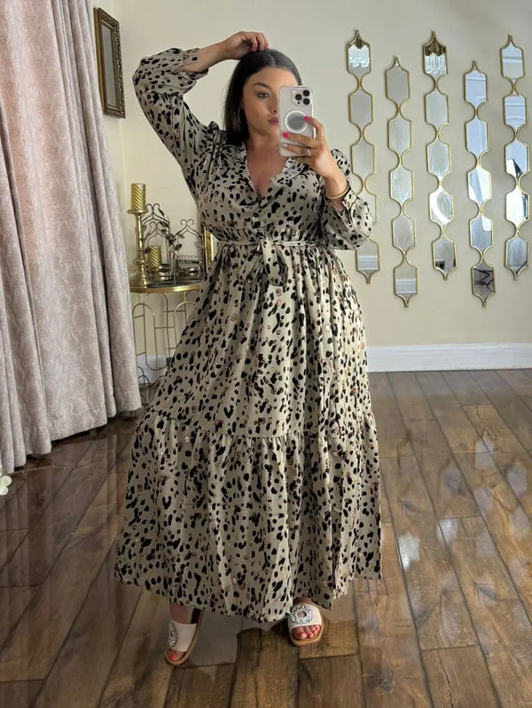 Kind Vibe Womens Printed Maxi Summer Belted Dress (One Size 8-20)  - Beige