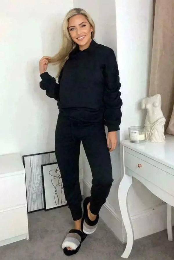 Kind Vibe Women's Ruched Sleeve Hoodie top & Bottom Suit Loungewear Co-Ord Set Casual - Black