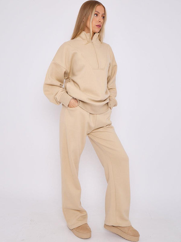 Kind Vibe Women's 1/2 Zip Top & Jogger Fleece Co-ord Set - Stone