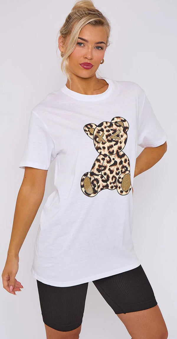 Kind Vibe Women’s short Sleeve Leopard Teddy Graphic Round Neck Oversized Baggy T-Shirt Top Tshirt - White