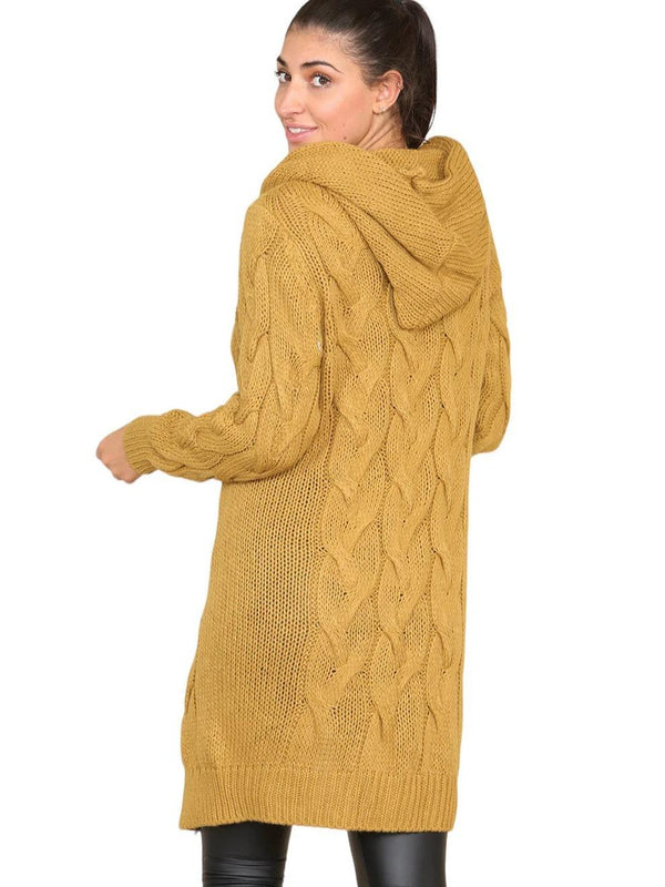 Kind Vibe Women's Knitted Cables Hooded Long Over Sized Cardigan One Size (6-20) - Mustard