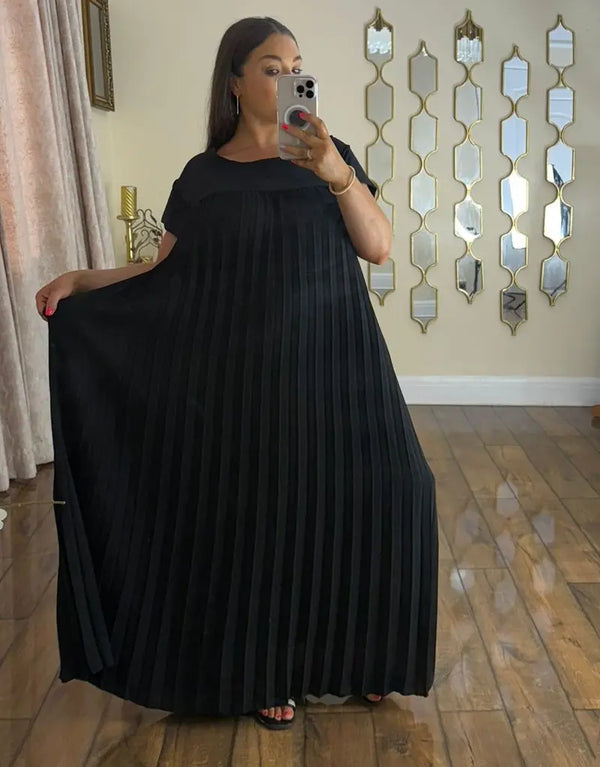 Kind Vibe WOmens Long Pleated Summer Maxi Dress With Pockets - Black