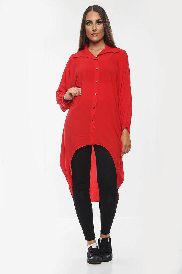 Kind Vibe Women's High-Low Oversized Button Long Top Shirt Dress with Hem and Long Sleeves Comfortable - Red
