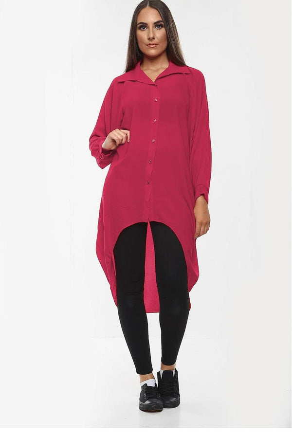 Kind Vibe Women's High-Low Oversized Button Long Top Shirt Dress with Hem and Long Sleeves Comfortable - Wine
