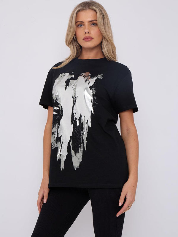 Kind Vibe Women's Wine Foil Graphic Printed T-Shirt - Casual and Comfortable Fit Tee - Black