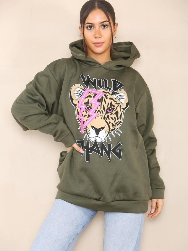 Kind Vibe Women's WILD THANG Hooded Sweatshirt Long Sleeve Pullover Jumper Hoodie Casual - Khaki