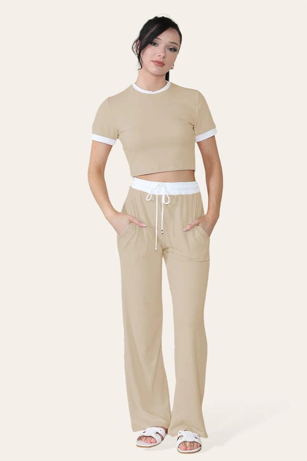 Kind Vibe Women's Ribbed Contrast Wide Leg Flared Trousers And Top Loungewear TRS Cropped Set - Beige