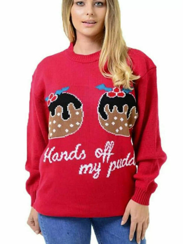 Kind Vibe Women's HANDS OFF MY PUDDING Xmas Christmas Knitted Jumper Top Dress - Red