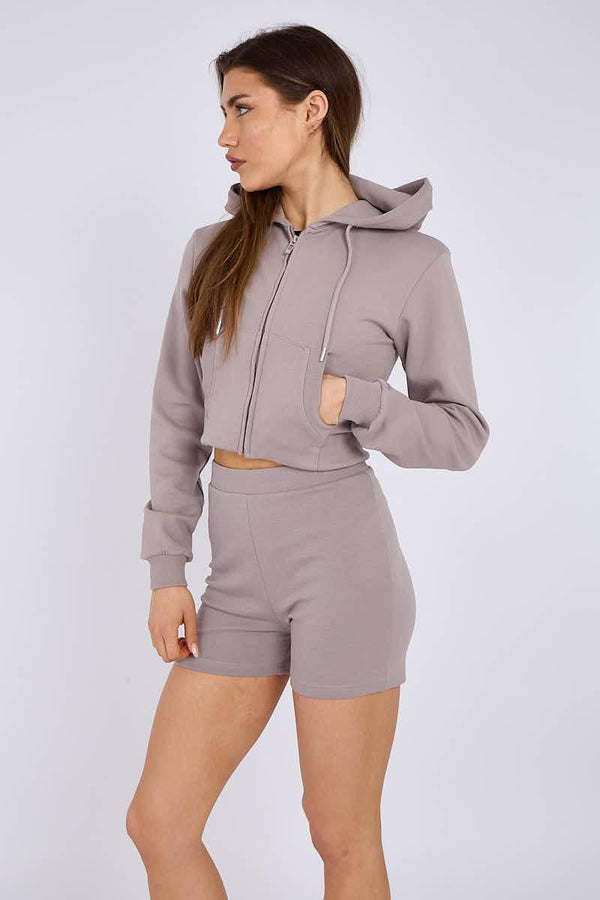 Kind Vibe Women's Zipped Hooded Crop Top & Seam Detail Shorts Fleece Co-ord Set - Dove Grey