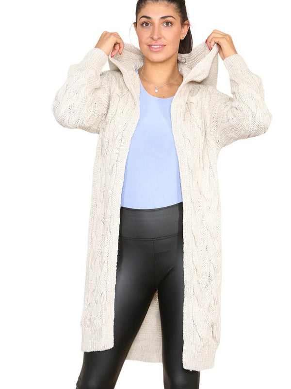 Kind Vibe Women's Knitted Cables Hooded Long Over Sized Cardigan One Size (6-20) - Beige