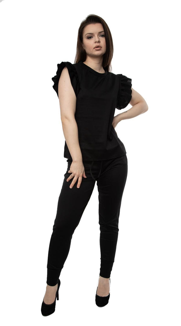 Kind Vibe Women's Frill boxy with Trouser Set (Many Colours) - Black