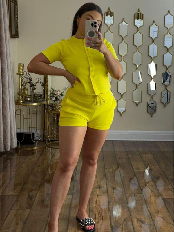 Kind Vibe Molly Women's Ribbed Short Sleeve Button Through Co-ord Set - Yellow