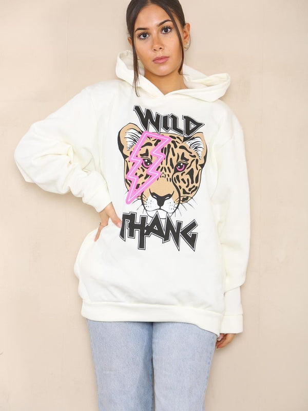 Kind Vibe Women's WILD THANG Hooded Sweatshirt Long Sleeve Pullover Jumper Hoodie Casual - Cream