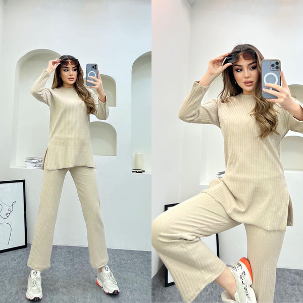 Kind Vibe Women's Two Piece Top and Trouser Co Ord Set One Size 6-12 - Beige