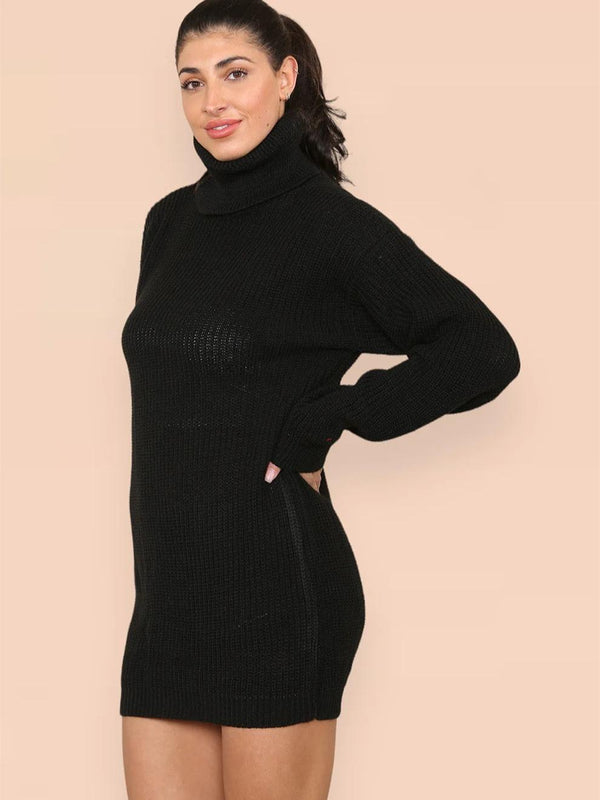 Kind Vibe Women's Polo Roll Neck Over Sized Ribbed Knitted Florescent Chunky Sweater Jumper Dress Womenswear - Black