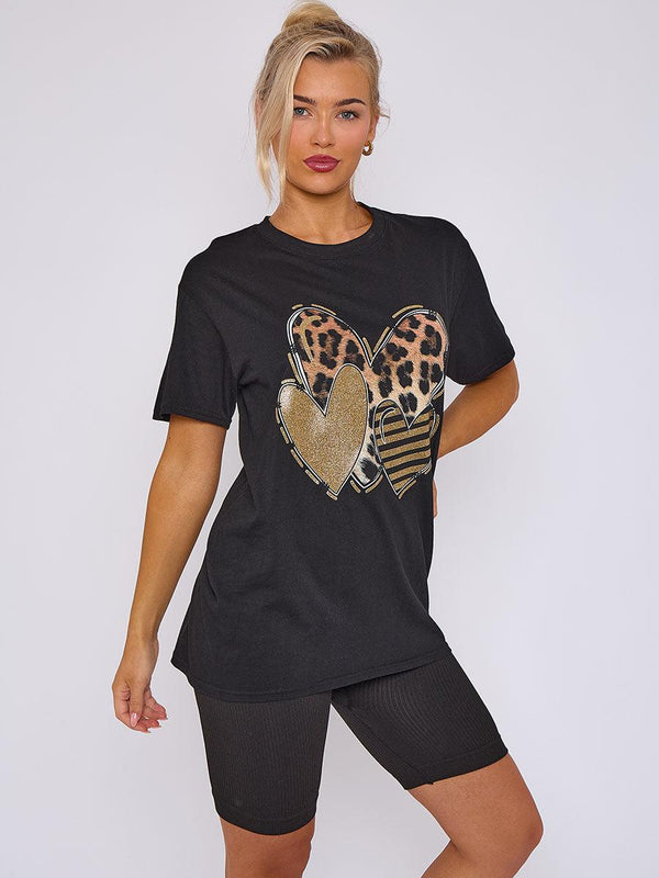 Kind Vibe Women's Three Hearts Graphic Printed T-Shirt - Casual and Comfortable Fit Tee - Black