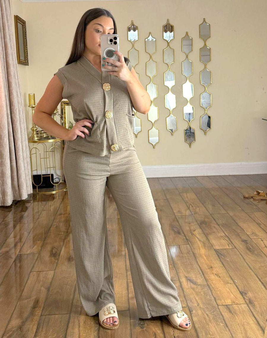 Kind Vibe Women's Trouser and Waistcoat Co Ord Set With Gold Brooch - Grey