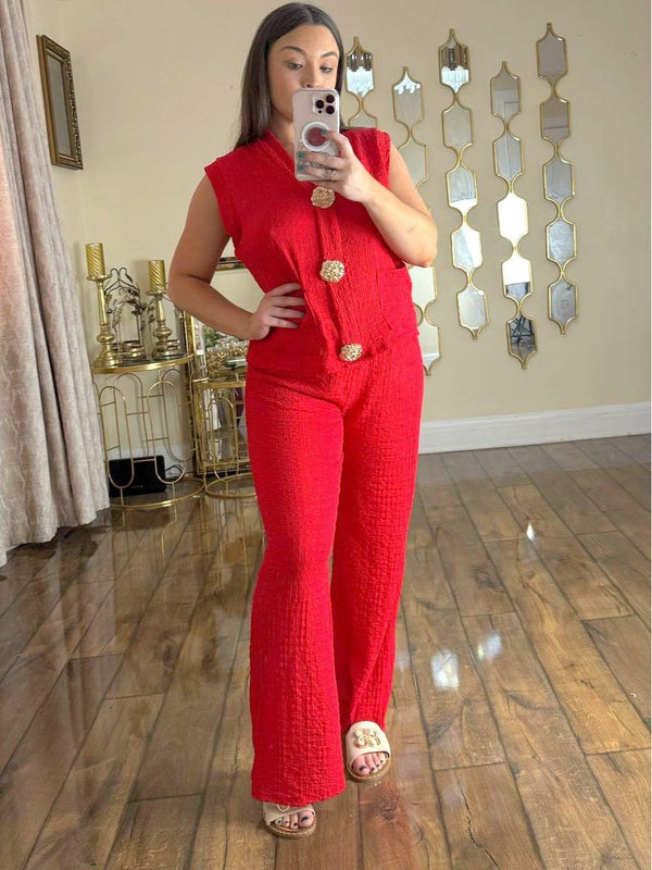 Kind Vibe Women's Trouser and Waistcoat Co Ord Set With Gold Brooch - Red