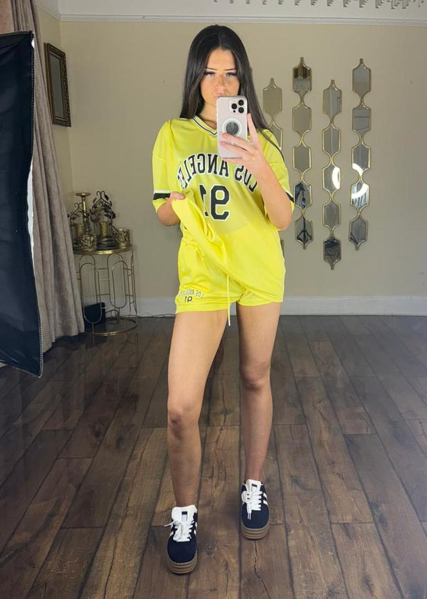 Kind Vibe Womens LA Varsity T-Shirt With Shorts Co-Ord Set - Yellow