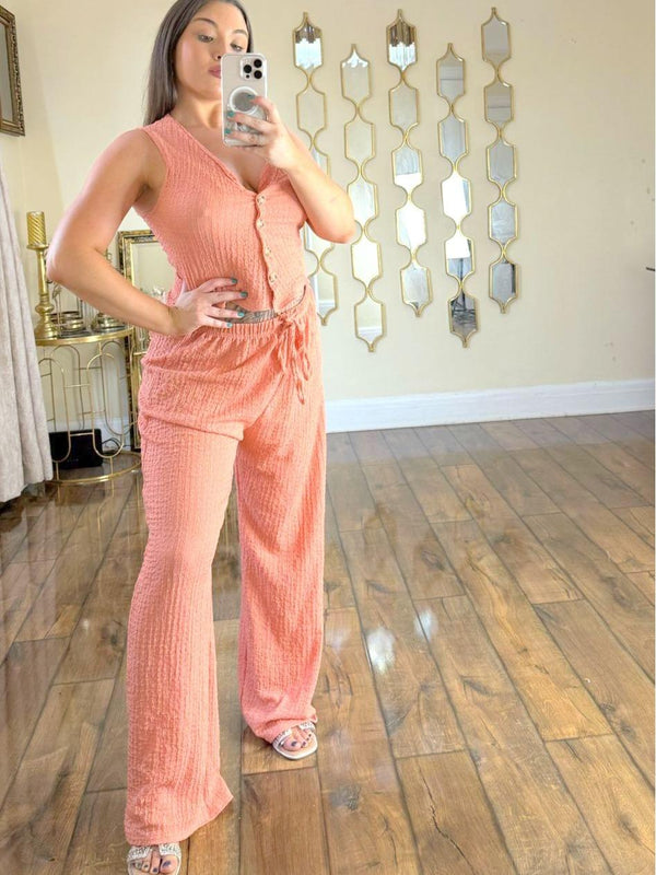 Kind Vibe Women's V Neck Waffle Style Waistcoat and Wide Leg Trouser Co ord Set - Pink
