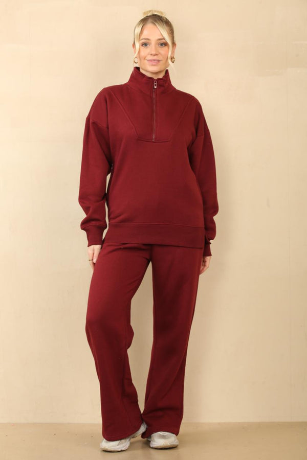 Kind Vibe Women's 1/2 Zip Top & Jogger Fleece Co-ord Set - Wine