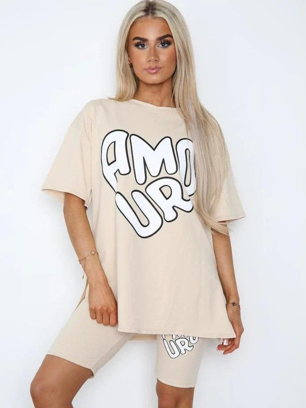 Women's Cycling Short and T-Shirts Co-Ord Two Piece Side Slit Set with Front Printed Slogan - White Cream
