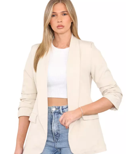 Kind Vibe Women's Ruched Sleeve Lined Blazer - Beige
