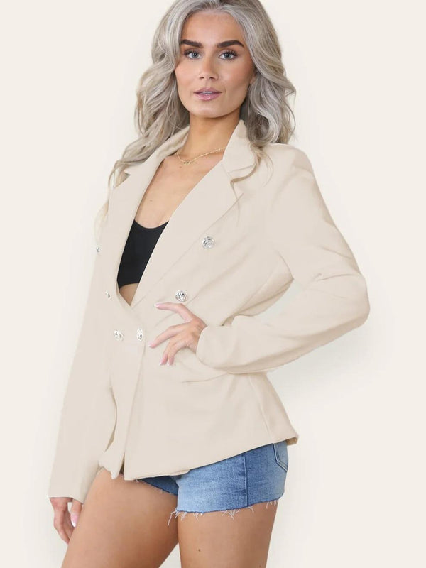 Kind Vibe Women's Fitted Lined Double Gold Button Collared Blazer Jacket - Beige