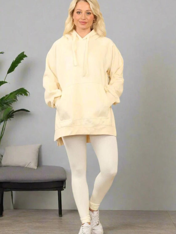 Kind Vibe Women's Side Split Front Pocket Over Size Hoodie with Matching Leggings - Beige