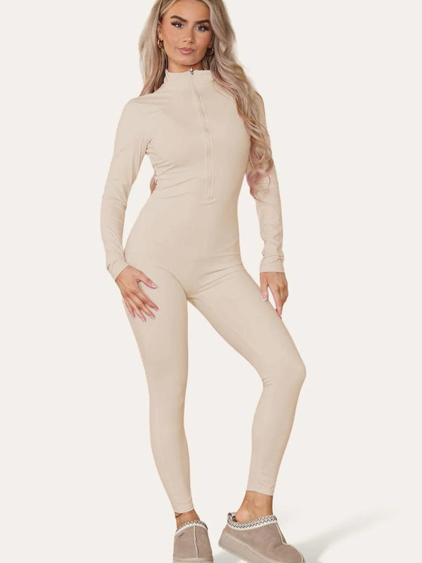 Kind Vibe Women's Ribbed High Neck Zipper Collar Jumpsuit Front Unitard Set - Beige