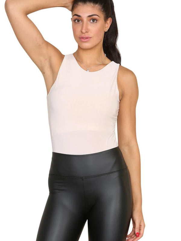 Kind Vibe Women's Slinky Racer Round Neck Double Layered Top Bodysuit - Beige