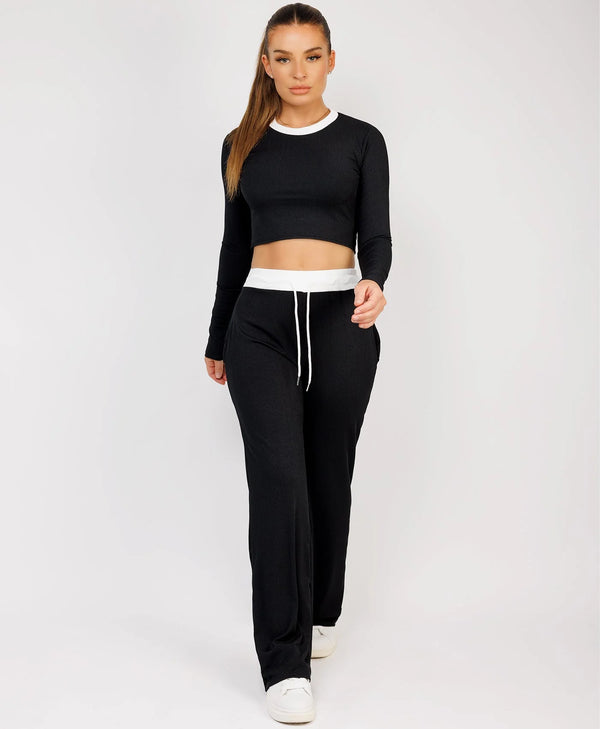 Kind Vibe Women's Ribbed Full Contrast Cap Sleeve Crop Top and Trouser Two Piece Set Comfort Comfortable - Black