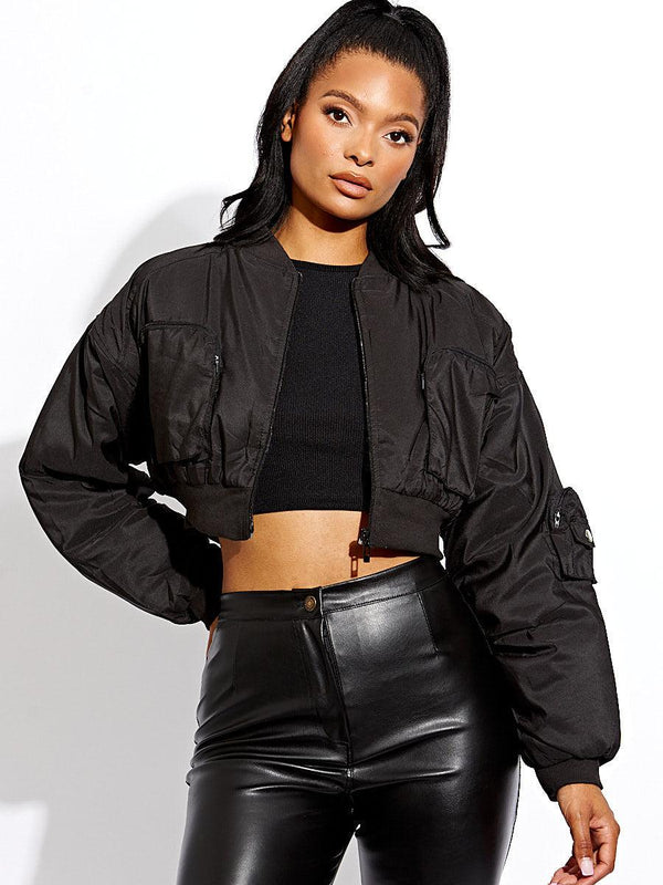 Kind Vibe Women's Ruched Sleeve Utility Pocket Cropped Bomber Jacket - Black