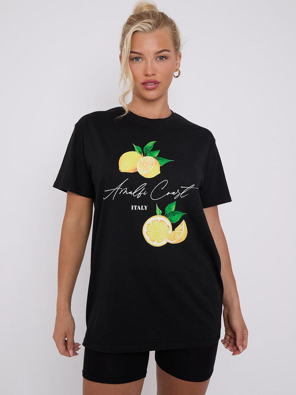 Kind Vibe Women's Amalfi Coast Graphic Printed T-Shirt Casual and Comfortable Fit Tee - Black