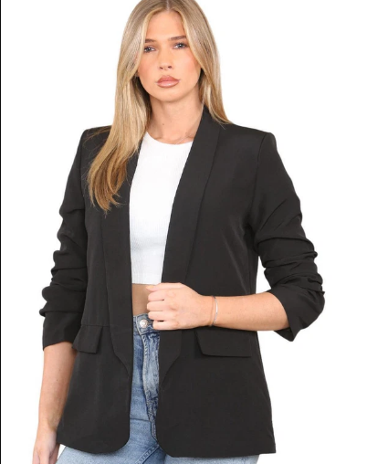 Kind Vibe Women's Ruched Sleeve Lined Blazer - Black