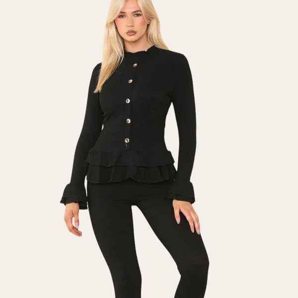 Women's Long Sleeves Peplum Front Buttons Frilled Hem Lounge Wear Set - Black