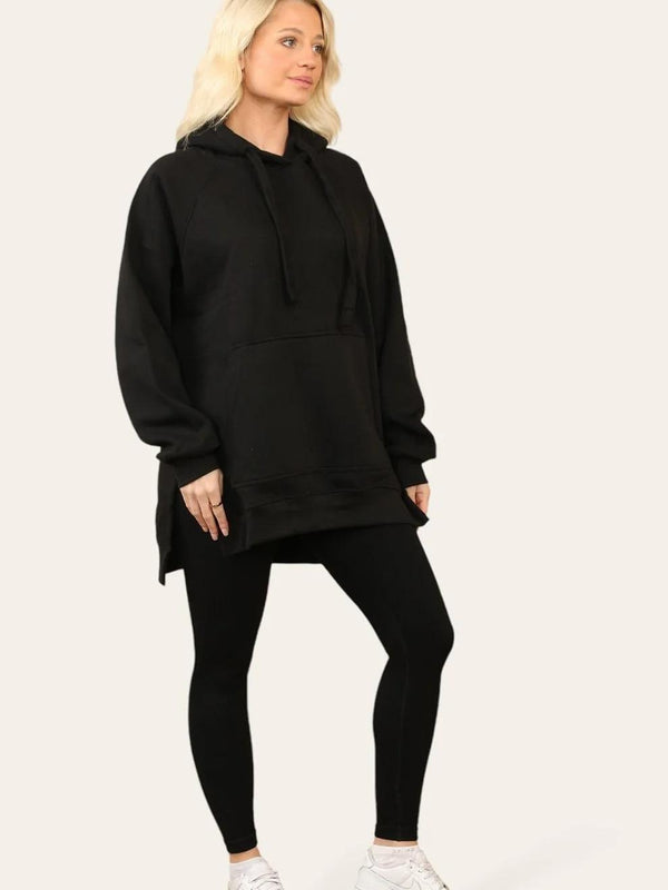 Kind Vibe Women's Side Split Front Pocket Over Size Hoodie with Matching Leggings - Black